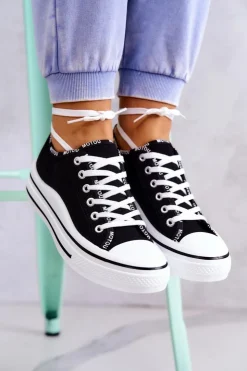 Online Damskie buty S.Barski Damskie Wiązane Tenisówki Czarne Menifee Czarny