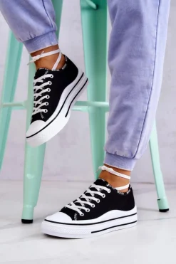 Online Damskie buty S.Barski Damskie Wiązane Tenisówki Czarne Menifee Czarny