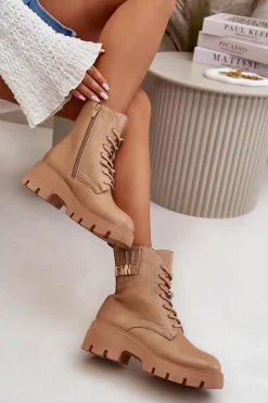 Boto Botki Sznurowane|Brązowe I Beżowe Botki*Damskie Workery Botki Na Zamek Sznurowane Z Eko Skóry Beżowe Naolani