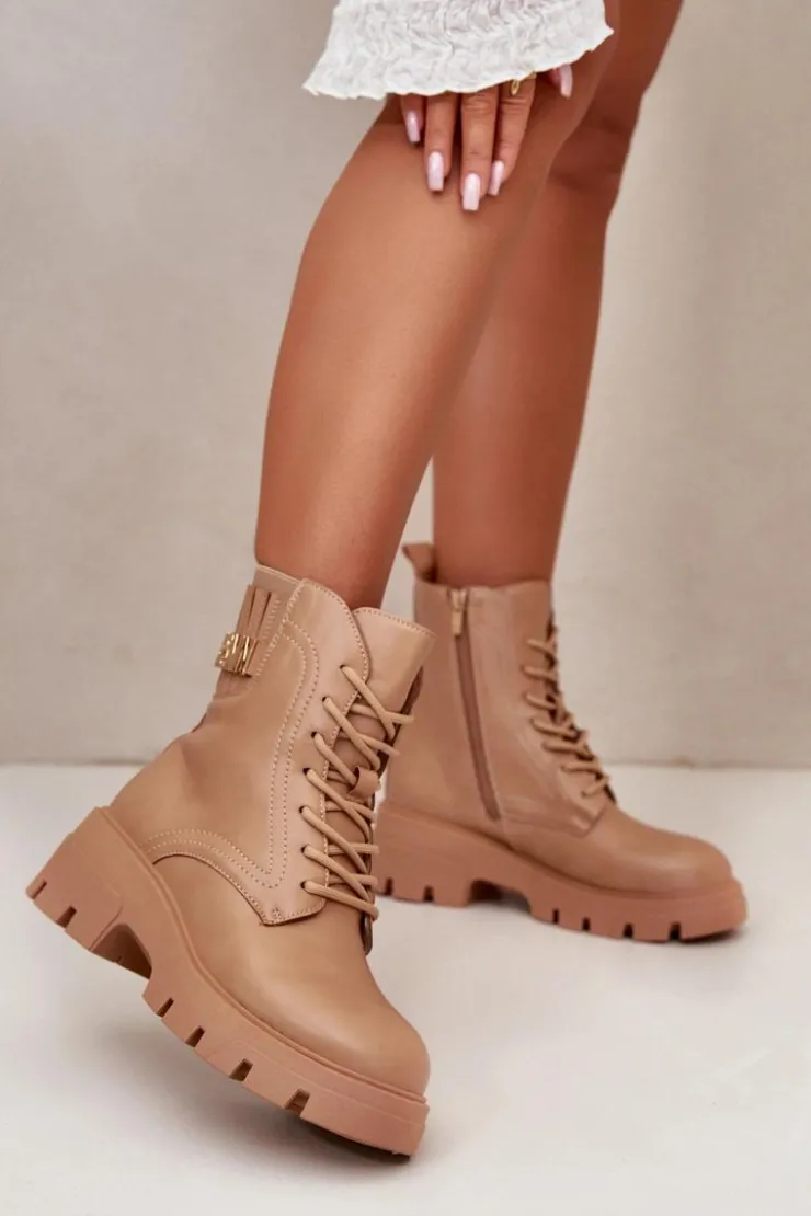 Boto Botki Sznurowane|Brązowe I Beżowe Botki*Damskie Workery Botki Na Zamek Sznurowane Z Eko Skóry Beżowe Naolani