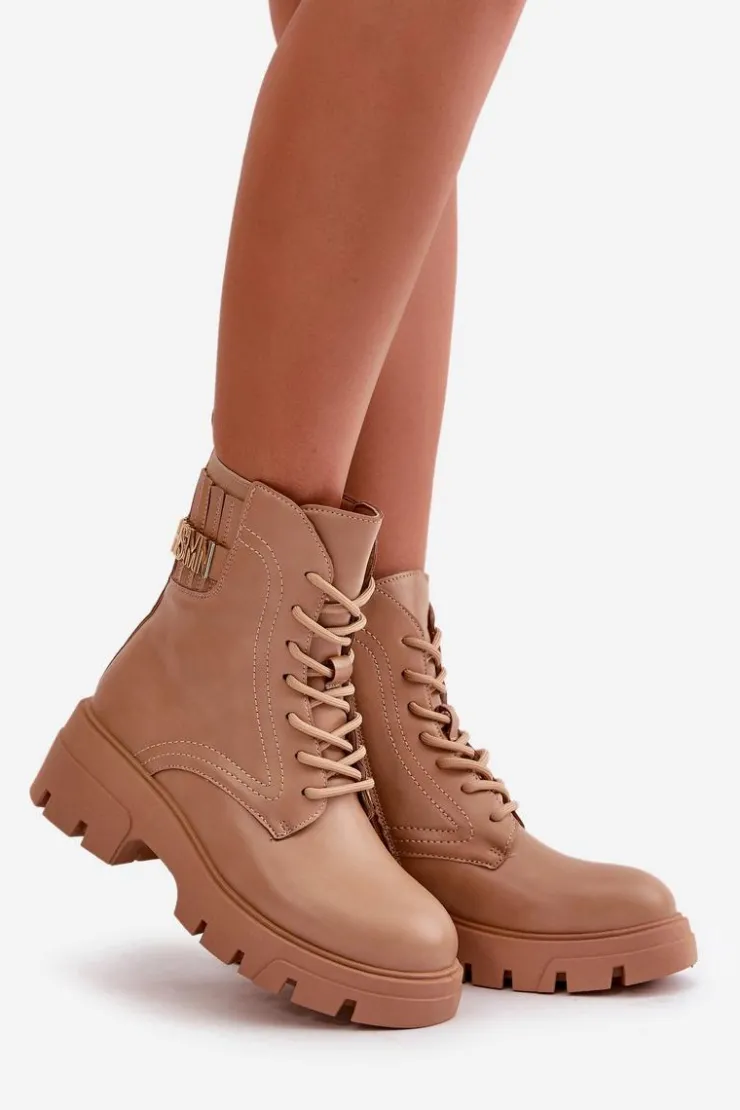 Boto Botki Sznurowane|Brązowe I Beżowe Botki*Damskie Workery Botki Na Zamek Sznurowane Z Eko Skóry Beżowe Naolani
