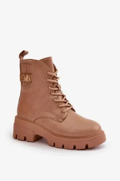 Boto Botki Sznurowane|Brązowe I Beżowe Botki*Damskie Workery Botki Na Zamek Sznurowane Z Eko Skóry Beżowe Naolani