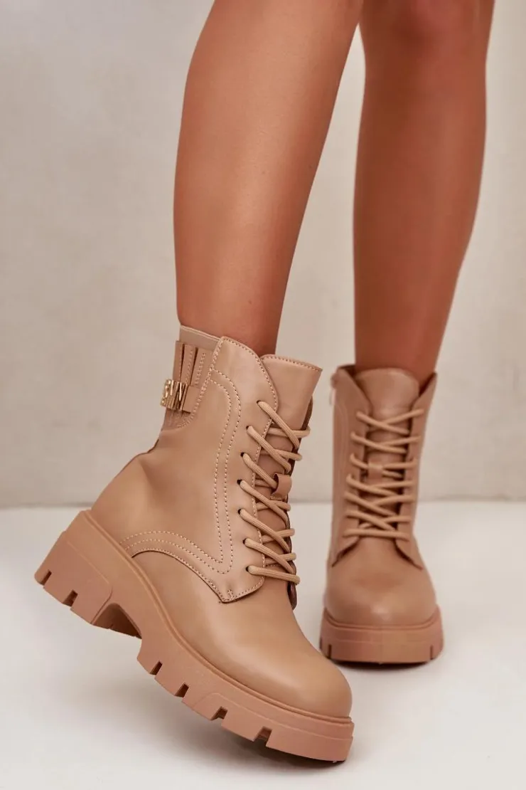 Boto Botki Sznurowane|Brązowe I Beżowe Botki*Damskie Workery Botki Na Zamek Sznurowane Z Eko Skóry Beżowe Naolani