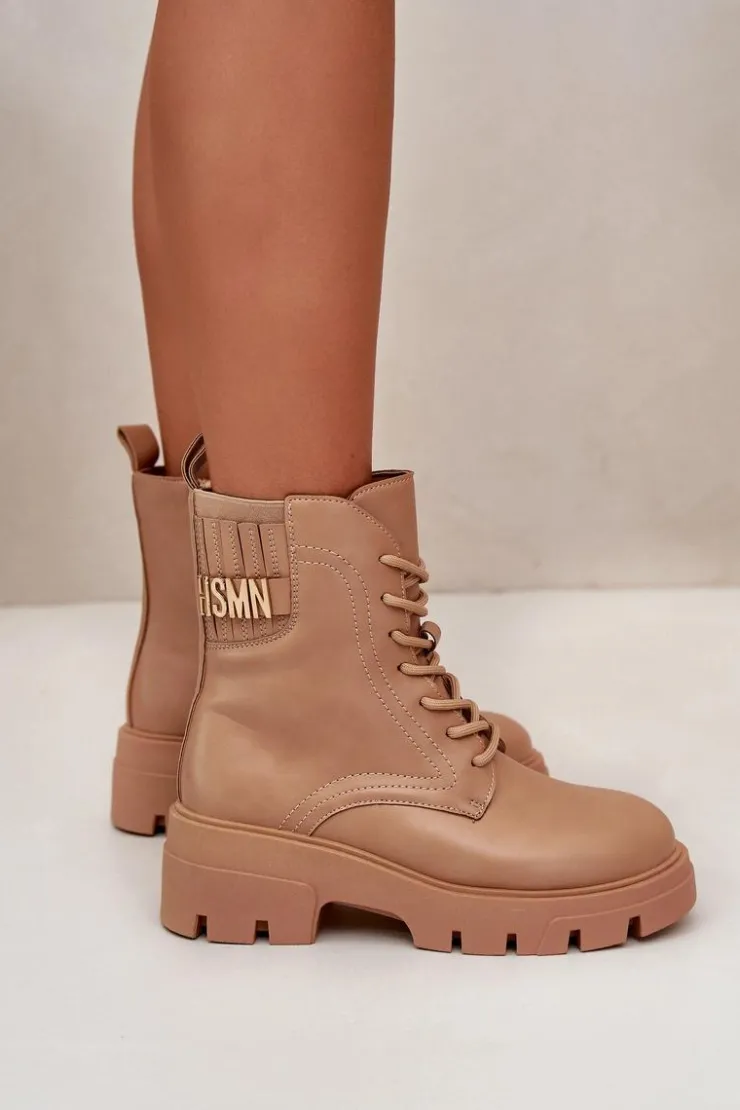 Boto Botki Sznurowane|Brązowe I Beżowe Botki*Damskie Workery Botki Na Zamek Sznurowane Z Eko Skóry Beżowe Naolani