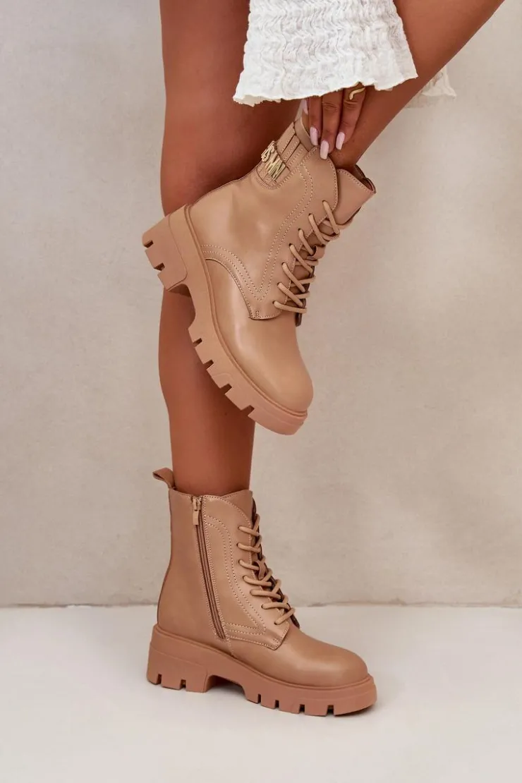 Boto Botki Sznurowane|Brązowe I Beżowe Botki*Damskie Workery Botki Na Zamek Sznurowane Z Eko Skóry Beżowe Naolani