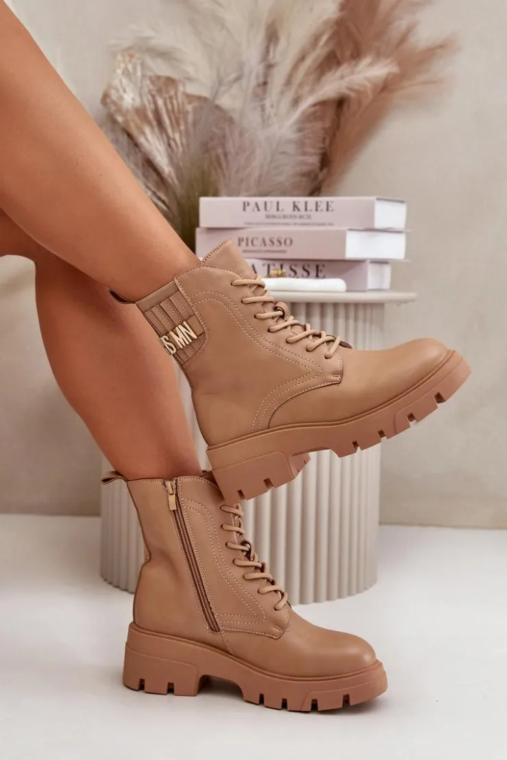 Boto Botki Sznurowane|Brązowe I Beżowe Botki*Damskie Workery Botki Na Zamek Sznurowane Z Eko Skóry Beżowe Naolani