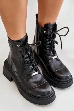 Damskie GOE Damskie Workery Botki Ocieplane Ze Skóry Naturalnej OO2N4115-W2 Czarne