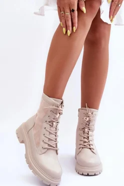 Damskie Boto Damskie Workery Botki Skórzane Jasnobeżowe Faustina