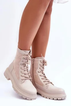 Damskie Boto Damskie Workery Botki Skórzane Jasnobeżowe Faustina