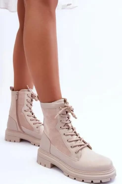 Damskie Boto Damskie Workery Botki Skórzane Jasnobeżowe Faustina