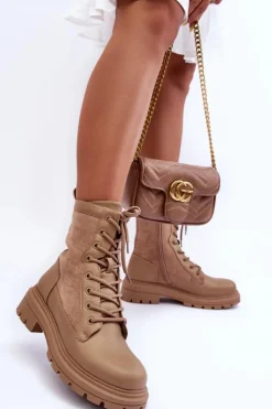 Boto Botki Ocieplane|Botki Sznurowane*Damskie Workery Botki Skórzane Beżowe Faustina