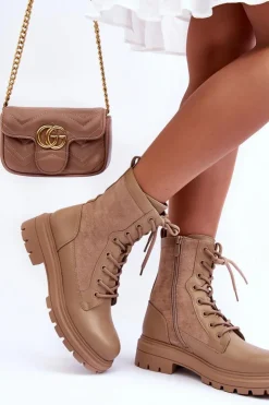 Boto Botki Ocieplane|Botki Sznurowane*Damskie Workery Botki Skórzane Beżowe Faustina