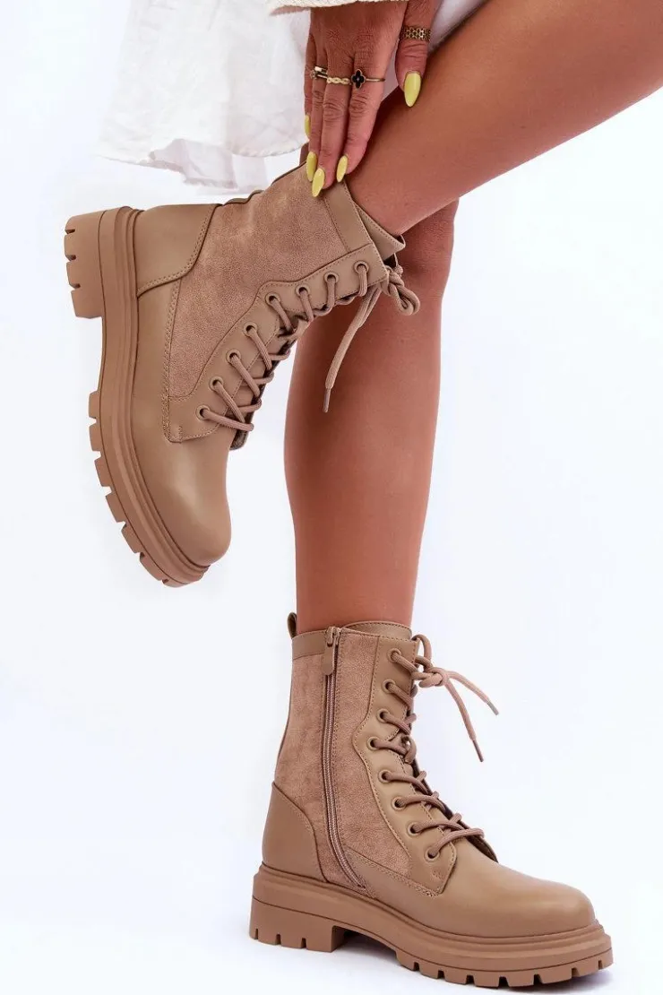 Boto Botki Ocieplane|Botki Sznurowane*Damskie Workery Botki Skórzane Beżowe Faustina