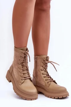 Boto Botki Ocieplane|Botki Sznurowane*Damskie Workery Botki Skórzane Beżowe Faustina