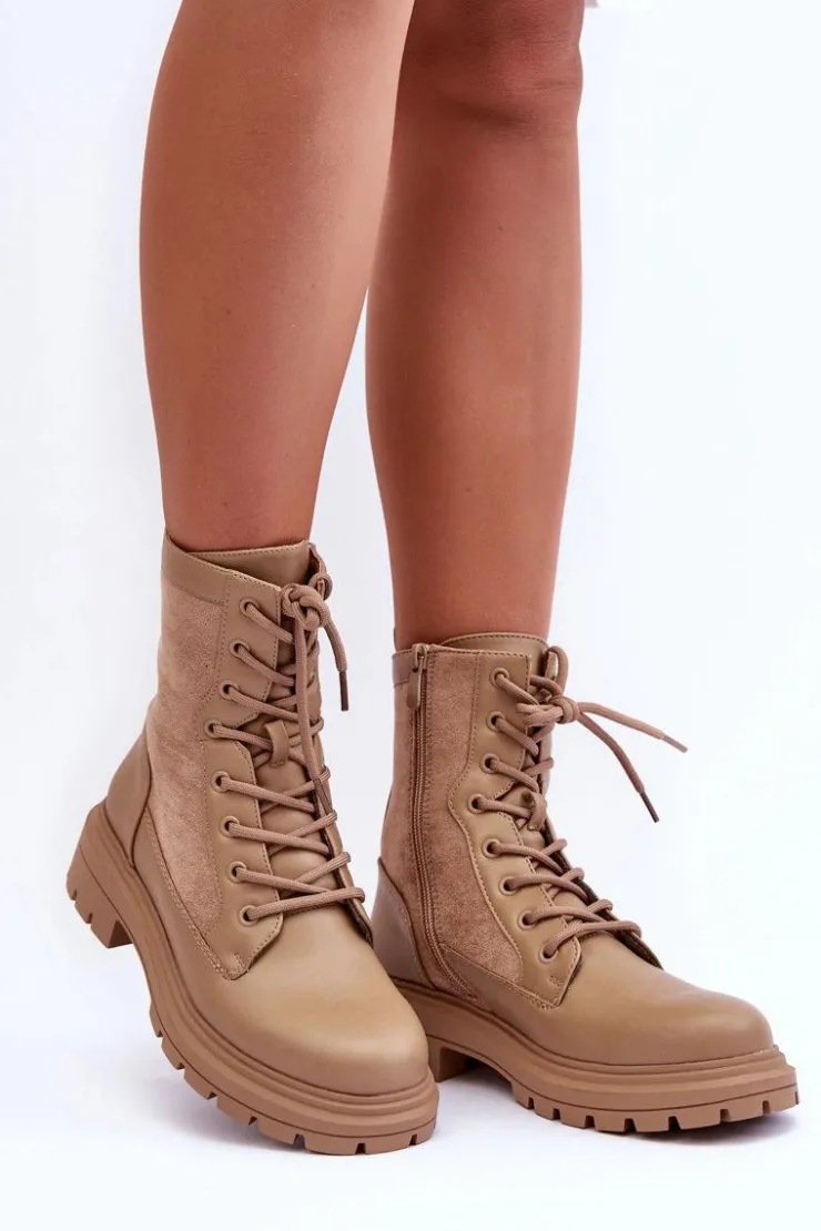 Boto Botki Ocieplane|Botki Sznurowane*Damskie Workery Botki Skórzane Beżowe Faustina