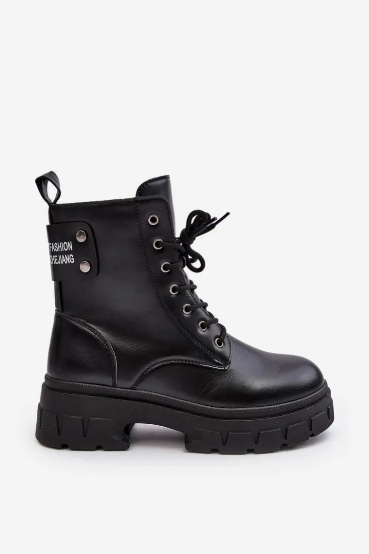 Damskie Boto Damskie Workery Botki Sznurowane Na Płaskim Obcasie Czarne Brenhile