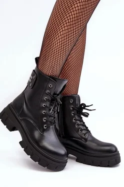 Damskie Boto Damskie Workery Botki Sznurowane Na Płaskim Obcasie Czarne Brenhile