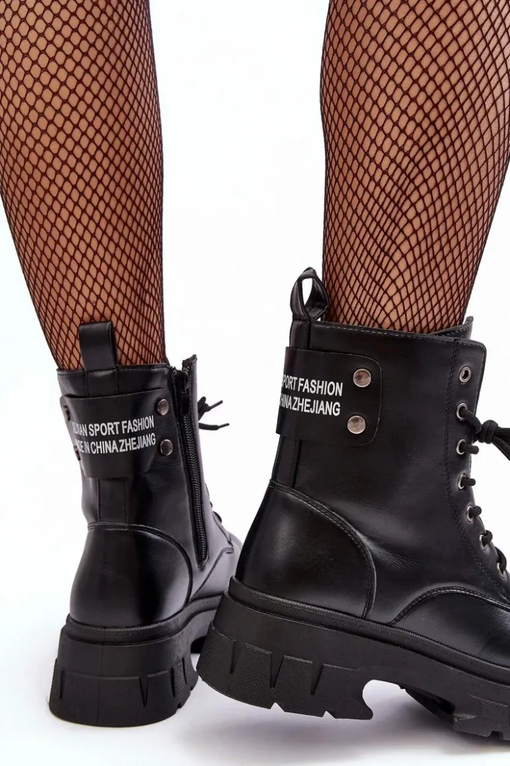 Damskie Boto Damskie Workery Botki Sznurowane Na Płaskim Obcasie Czarne Brenhile