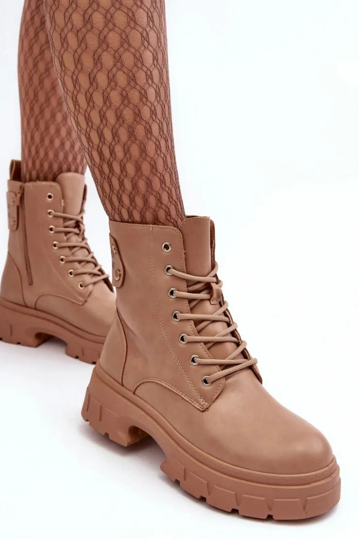 Discount Boto Damskie Workery Botki Sznurowane Na Płaskim Obcasie Beżowe Brenhile