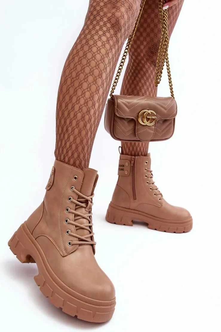 Discount Boto Damskie Workery Botki Sznurowane Na Płaskim Obcasie Beżowe Brenhile