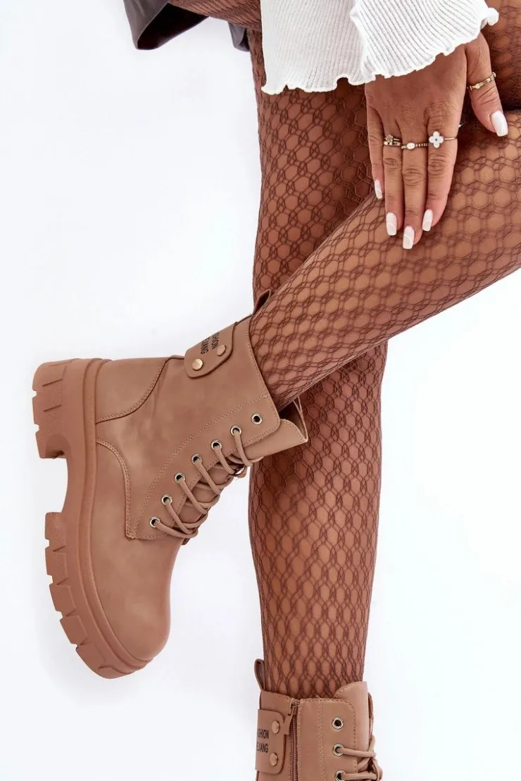 Discount Boto Damskie Workery Botki Sznurowane Na Płaskim Obcasie Beżowe Brenhile