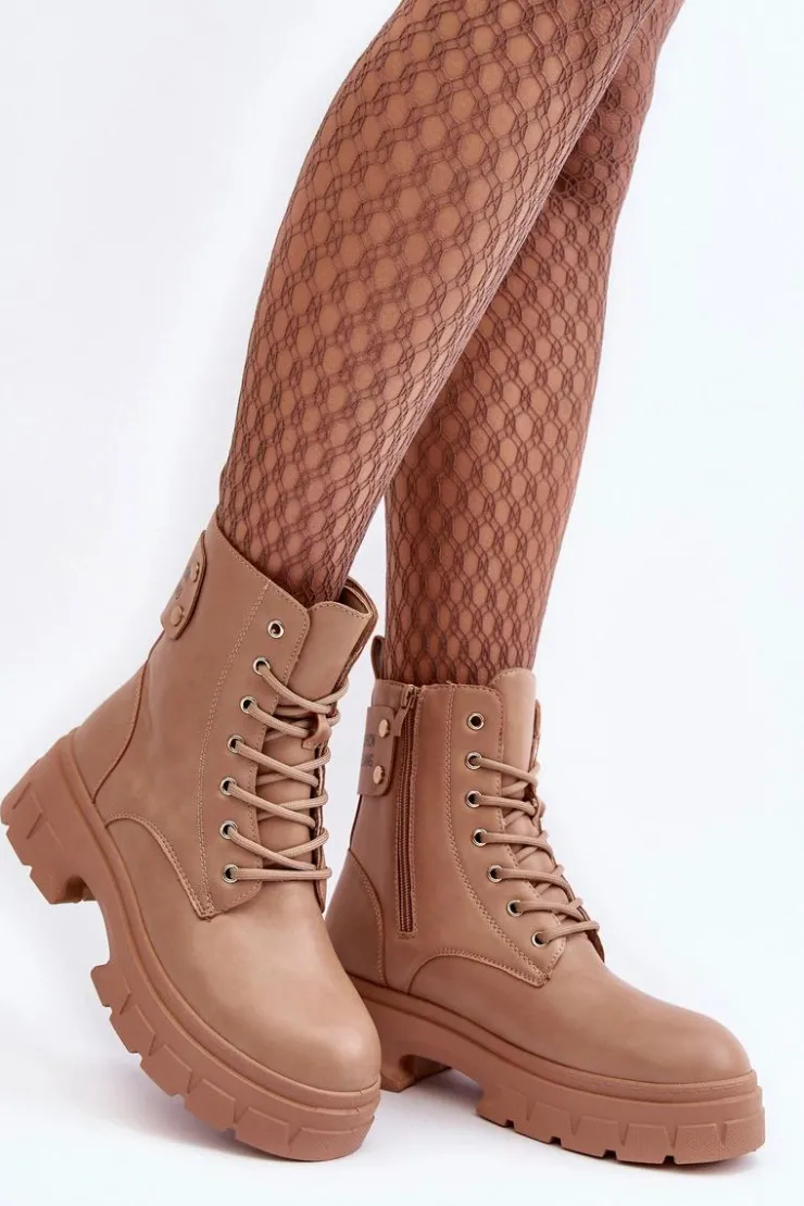 Discount Boto Damskie Workery Botki Sznurowane Na Płaskim Obcasie Beżowe Brenhile