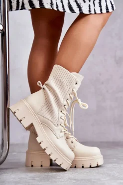 Damskie Boto Damskie Workery Botki Ze Skarpetą Beżowe Abigail