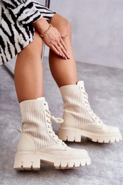 Damskie Boto Damskie Workery Botki Ze Skarpetą Beżowe Abigail