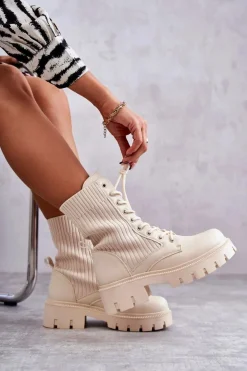 Damskie Boto Damskie Workery Botki Ze Skarpetą Beżowe Abigail