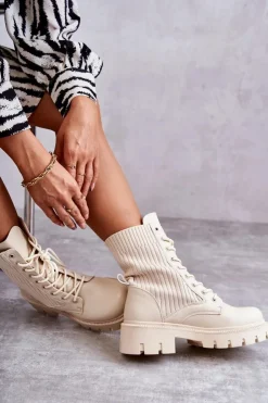 Damskie Boto Damskie Workery Botki Ze Skarpetą Beżowe Abigail