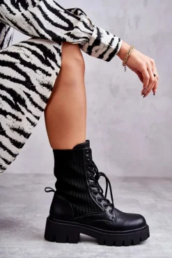 Boto Botki Sznurowane|Czarne Botki*Damskie Workery Botki Ze Skarpetą Czarne Abigail