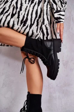 Boto Botki Sznurowane|Czarne Botki*Damskie Workery Botki Ze Skarpetą Czarne Abigail