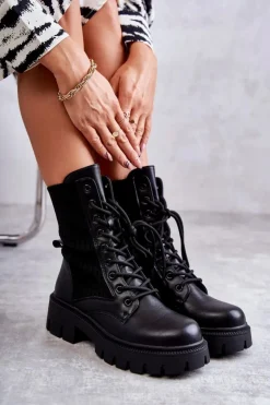 Boto Botki Sznurowane|Czarne Botki*Damskie Workery Botki Ze Skarpetą Czarne Abigail