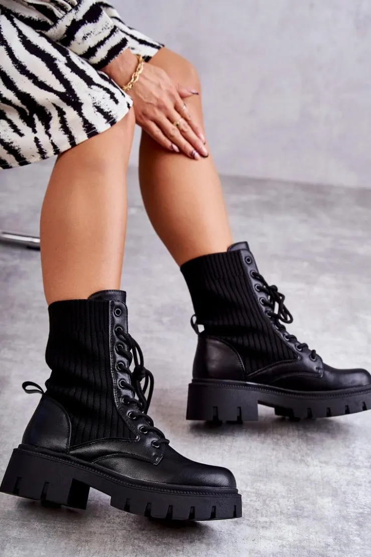 Boto Botki Sznurowane|Czarne Botki*Damskie Workery Botki Ze Skarpetą Czarne Abigail
