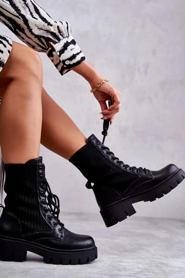 Boto Botki Sznurowane|Czarne Botki*Damskie Workery Botki Ze Skarpetą Czarne Abigail