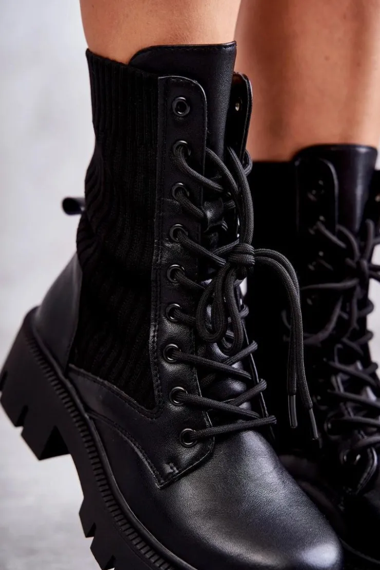 Boto Botki Sznurowane|Czarne Botki*Damskie Workery Botki Ze Skarpetą Czarne Abigail