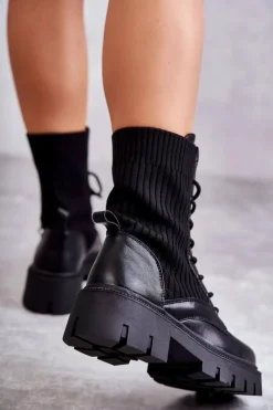 Boto Botki Sznurowane|Czarne Botki*Damskie Workery Botki Ze Skarpetą Czarne Abigail