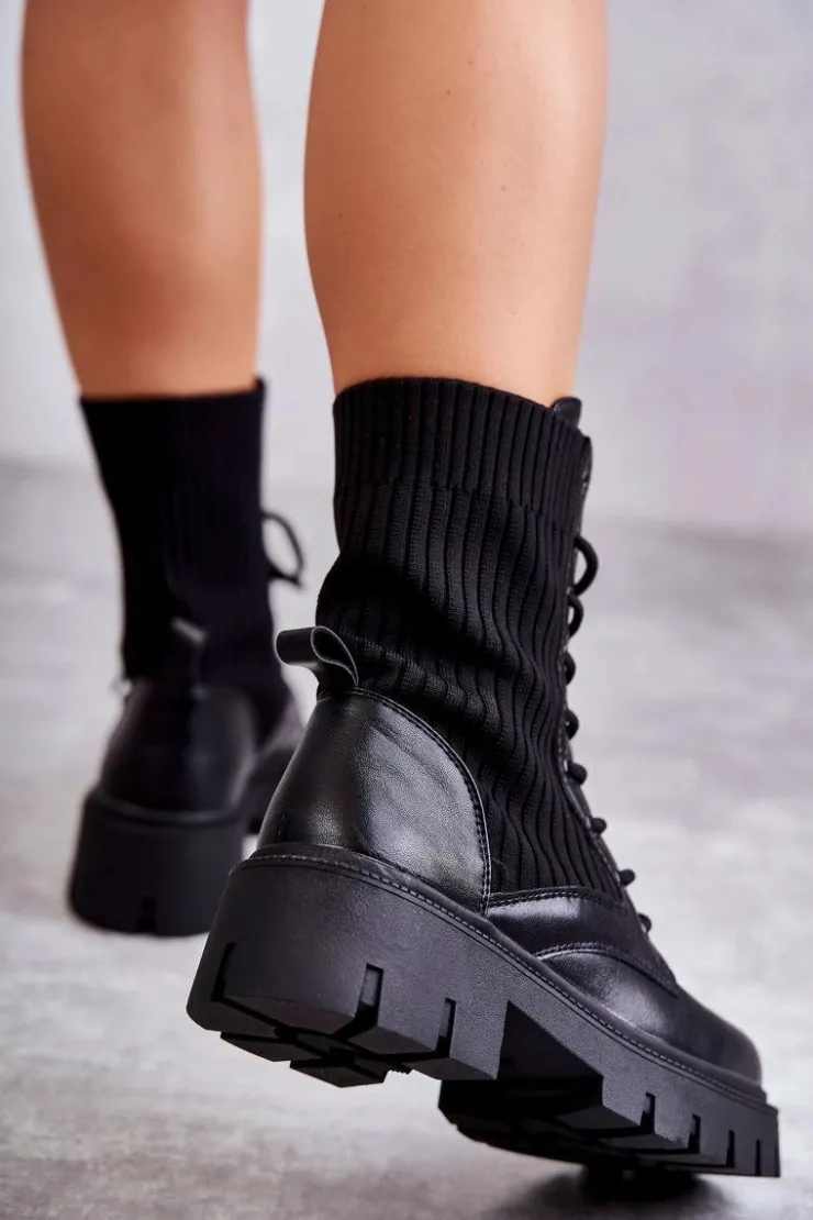 Boto Botki Sznurowane|Czarne Botki*Damskie Workery Botki Ze Skarpetą Czarne Abigail