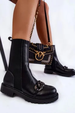 Damskie Boto Damskie Wsuwane Botki Z Łańcuchem Czarne Maliya