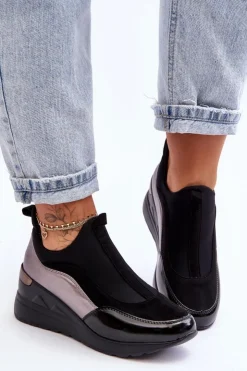 Discount Evento Damskie Wsuwane Buty Sportowe Na Koturnie Czarno-Srebrne Farro