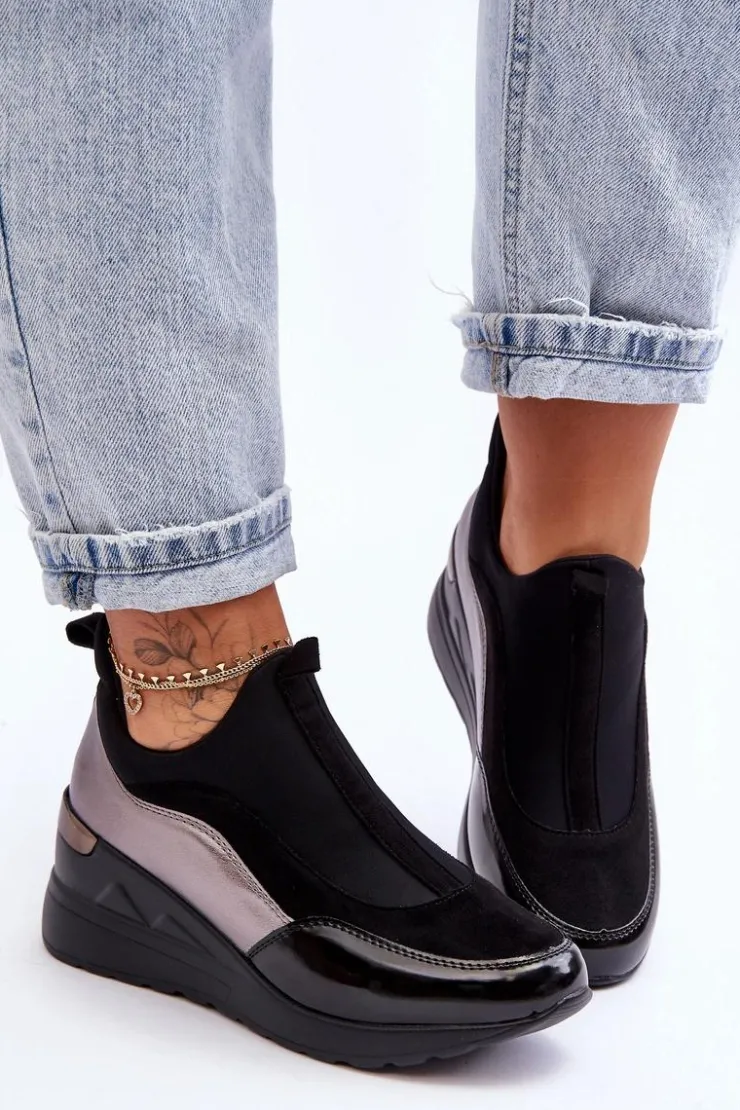 Discount Evento Damskie Wsuwane Buty Sportowe Na Koturnie Czarno-Srebrne Farro