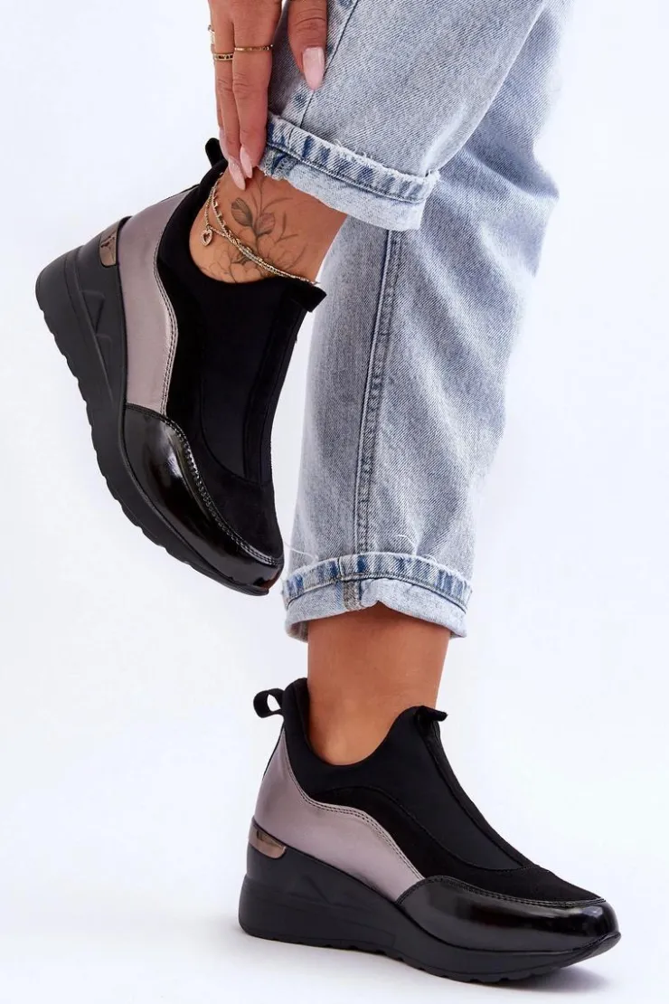 Discount Evento Damskie Wsuwane Buty Sportowe Na Koturnie Czarno-Srebrne Farro