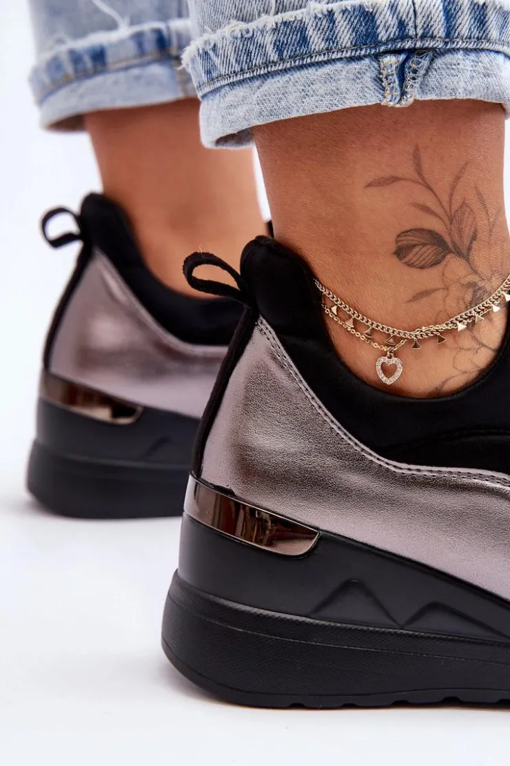 Discount Evento Damskie Wsuwane Buty Sportowe Na Koturnie Czarno-Srebrne Farro