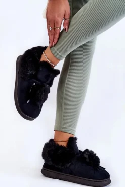 Damskie Boto Damskie Wsuwane Futrzane Papcie Z Pomponem Czarne Noemi