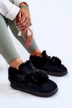 Damskie Boto Damskie Wsuwane Futrzane Papcie Z Pomponem Czarne Noemi