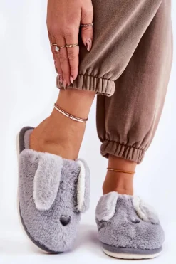 Boto Kapcie Klasyczne*Damskie Wsuwane Futrzane Papcie Szare Remmi