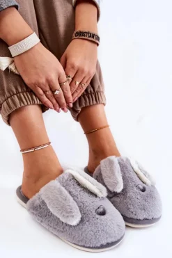 Boto Kapcie Klasyczne*Damskie Wsuwane Futrzane Papcie Szare Remmi