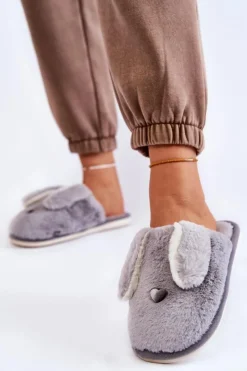 Boto Kapcie Klasyczne*Damskie Wsuwane Futrzane Papcie Szare Remmi