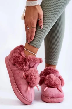 Boto Damskie Wsuwane Futrzane Papcie Z Pomponem Różowe Noemi