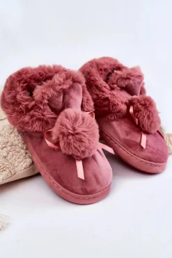 Boto Damskie Wsuwane Futrzane Papcie Z Pomponem Różowe Noemi